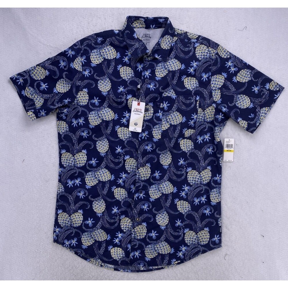 IZOD Saltwater Performance Shirt Mens Medium NWT Pineapple Tropical UPF 15+